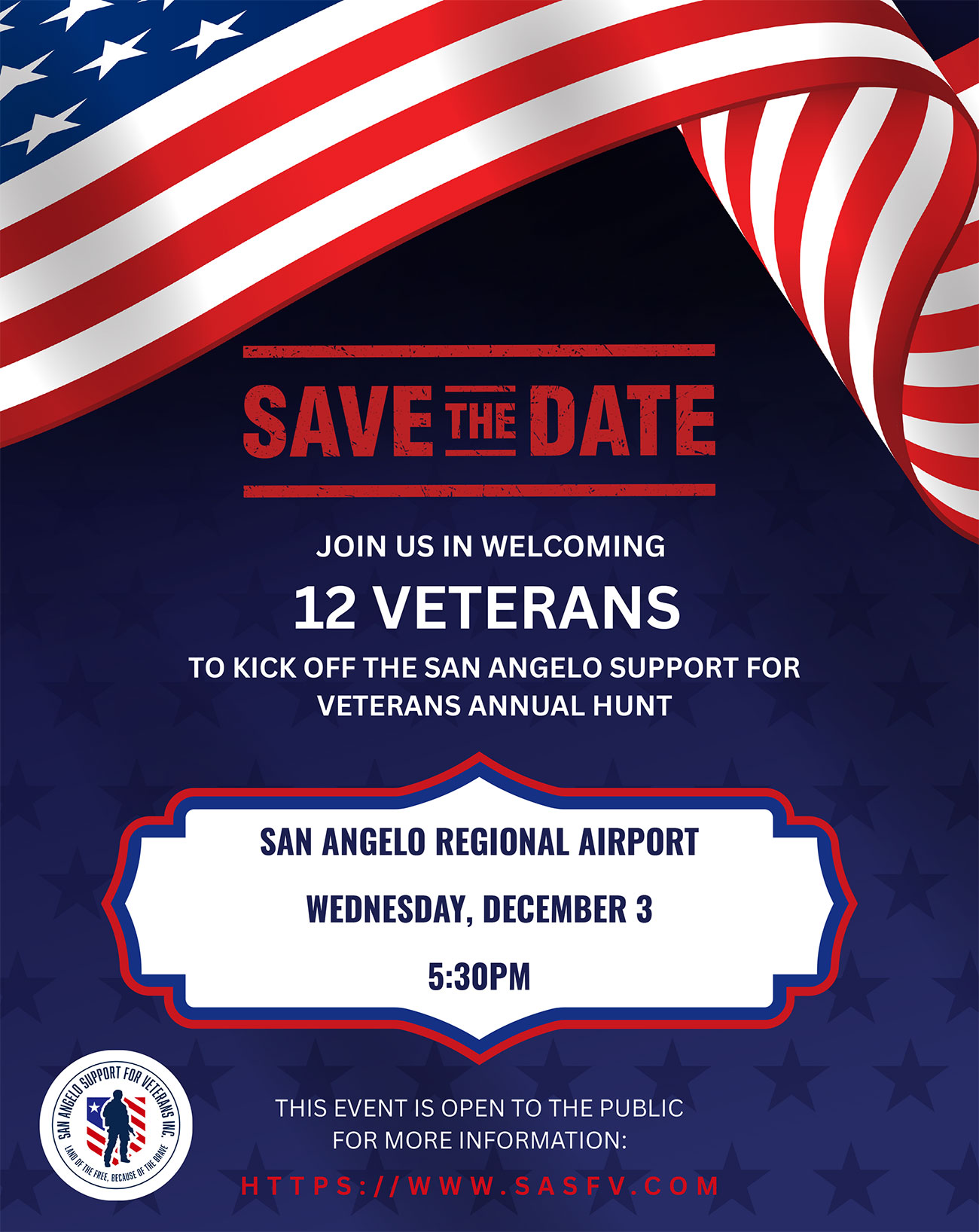Save The Date - Join Us in Welcoming 10 Veterans to Kick off the San Angelo Support for Veterans, Inc. Annual Hunt
